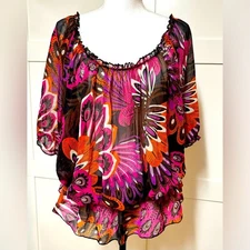 Pure Energy sz L Womens Flowy Pheasant Shirt Top Blouse Sheer Grannycore Floral