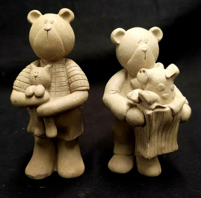 Set of 2 Resin Teddy Bears Signed D. Ruzicka 1993 Figurines Cat & Pig Figurines