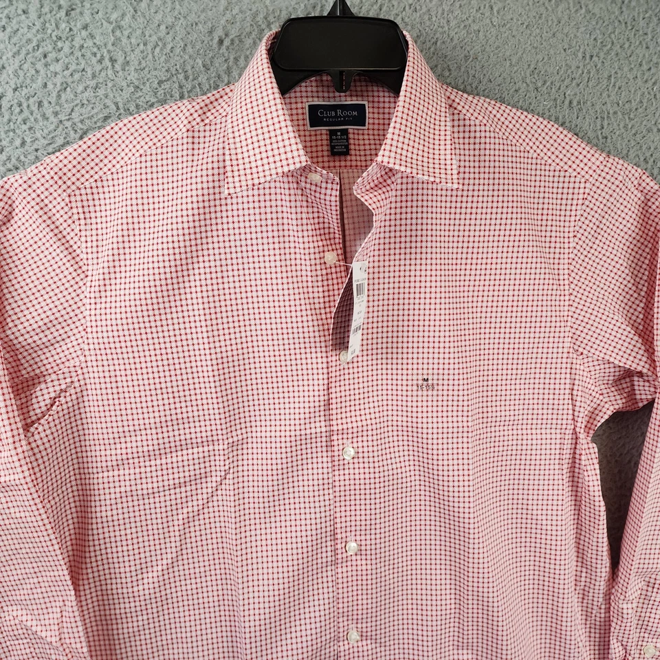 Camisa de vestir CLUB ROOM ajuste regular a cuadros para hombre M 15-15,5 rojo/blanco cuello puntiagudo~ Foto 3 de 4