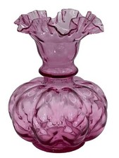 Fenton Art Glass Cranberry Optic Melon Vase 8" Tall Ruffled Rim Great Color