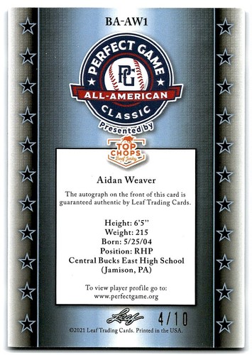 Autógrafos de hoja 2021 - Wave Blue Aidan Weaver automático 4/10 #BA-AW1 - Imagen 2 de 2