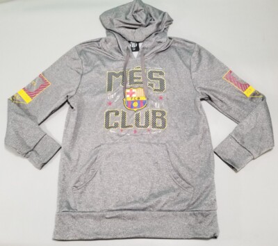 FCB Barcelona Hoodie Men Small Gray Pullover Drawstring Sweatshirt Soccer Futbol