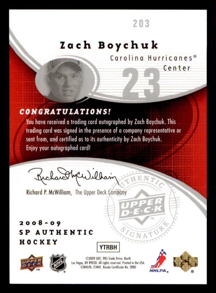 2008-09 SP Authentic #203 Zach Boychuk AU RC /999 (ref 239807) - Image 2 of 2