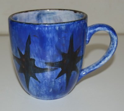 Nice Blue Hand Painted Stars Signed Retro Ceramic Atomic Coffee Mug Rare