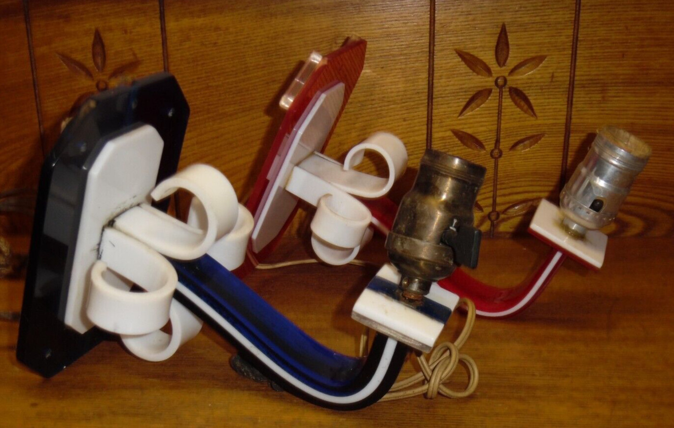 2 Vintage Retro Modern Red & Blue Bakelite Wall Lamp Sconces - AS IS