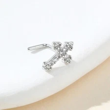 Natural Diamond Cross Shape Real 14k White Gold Nose Piercing Nose Pin