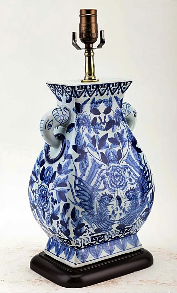 Blue, White Baluster Chinoiserie Lamp. Hand Painted. With Lampshade