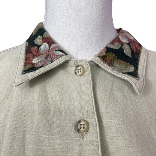 Floral Tapestry Blouse S 100% Cotton VTG Woven Contrast Beige Cream Button-up