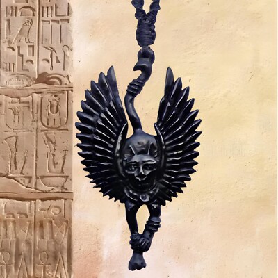 Egyptian Cat Goddess Bastet Pendant Necklace Handcarved Black Horn Scarab Wings