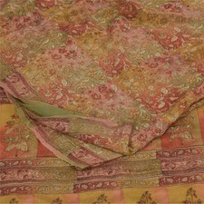 Sanskriti Vintage Saree Multicolor Pure Crepe Floral Printed Sari 5.5 Yd Fabric