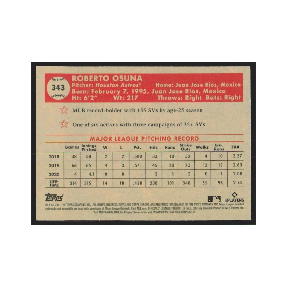 Topps 2021 cromado Roberto Osuna Astros #343 Foto 2 de 3