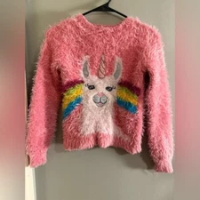 Cozy Pink and White Llama Sweater with Rainbow Accents