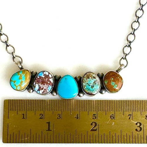 Navajo Bar Necklace Mixed Turquoise 20" Sterling Choker Signed F Edsitty - Picture 4 of 11