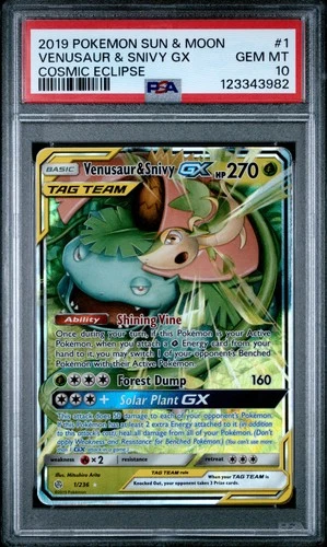 2019 POKEMON SUN & MOON COSMIC ECLIPSE #1 VENUSAUR & SNIVY GX PSA 10