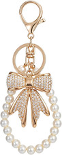 2 Pcs White Rhinestone Bowknot Keychain Imitation Pearl Chains Sparkly Bow Purse
