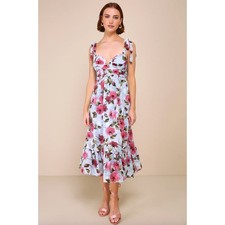 Lulus Lush Loveliness Light Blue Floral Jacquard Tie-Strap Midi Dress XL NWT