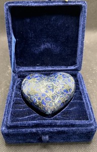 Heart Shaped Cloisonné Keepsake Urn Blue Floral Gold Design Cremation Memorial.s