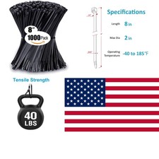 8 Inch Black Cable Ties   1000 Pack, UV Resistant with 40 lb Strength