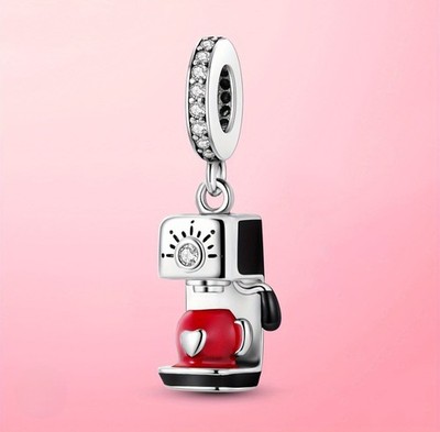 NEW Silver Heart Red Coffee Cappuccino Maker Dangle Charm Bracelet Necklace 925