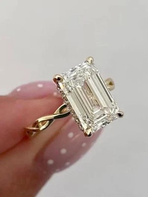 3Ct Emerald Cut D/VVS1 Moissanite Solitaire Twisted Ring 14K Yellow Gold Plated