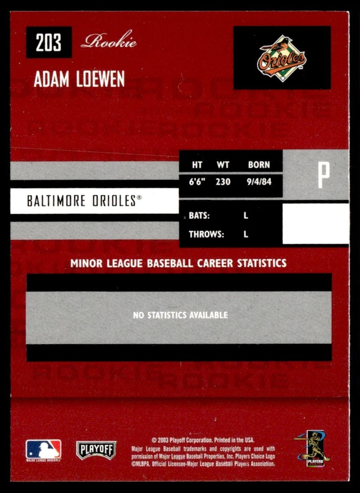 2003 Playoff Prestige Adam Loewen Rookie Baltimore Orioles #203 - Image 2 of 2