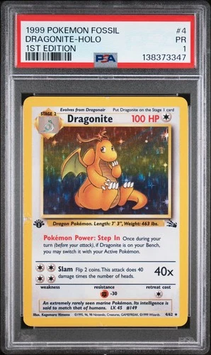 1999 POKEMON FOSSIL 1ST ED #4 DRAGONITE-HOLO PSA 1