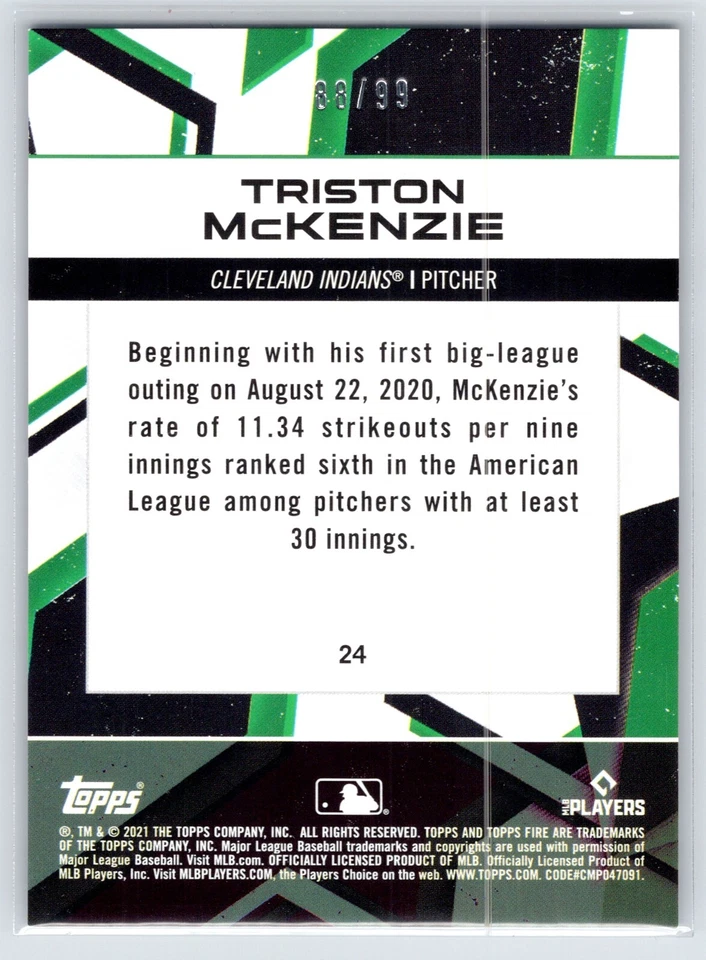 2021 Topps Fire Triston McKenzie Magenta 88/99 RC short print Indians/Guardians - Image 2 of 2