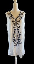 Klozlyne 100% Cotton White Ruffle Tunic Dress Sleeveless Lined Embroidery Summer