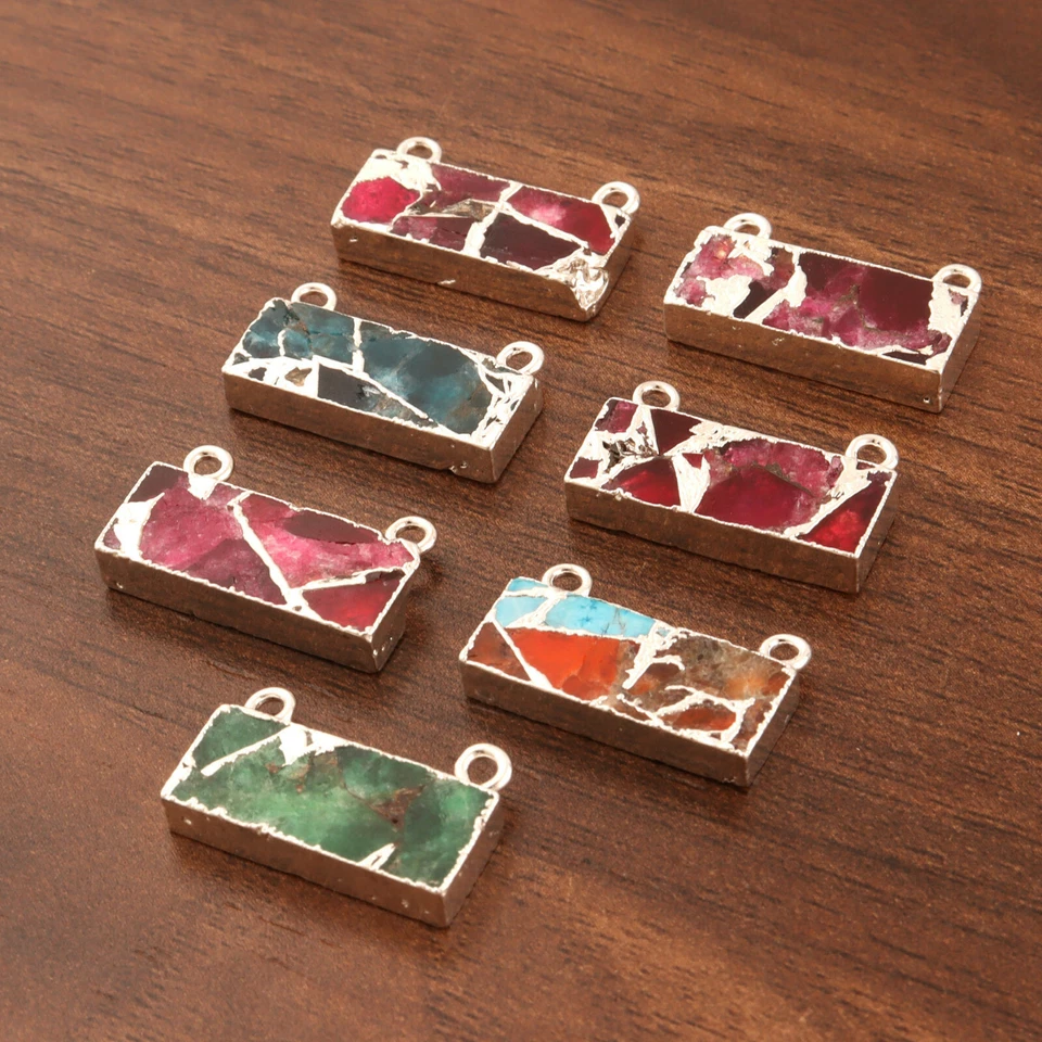 Conectores de collar hágalo usted mismo enchapados en plata de jade multicolor con forma rectangular 7 piezas Foto 2 de 3