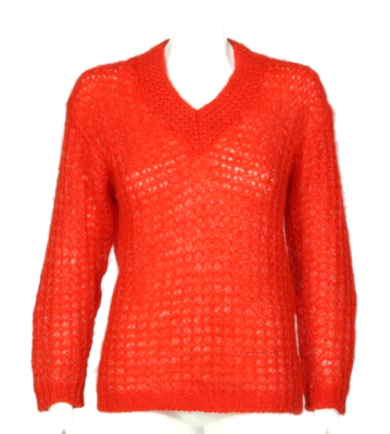 Vtg Homespun 70s Mohair Bright Red Loose Knit V-Neck Sweater 
