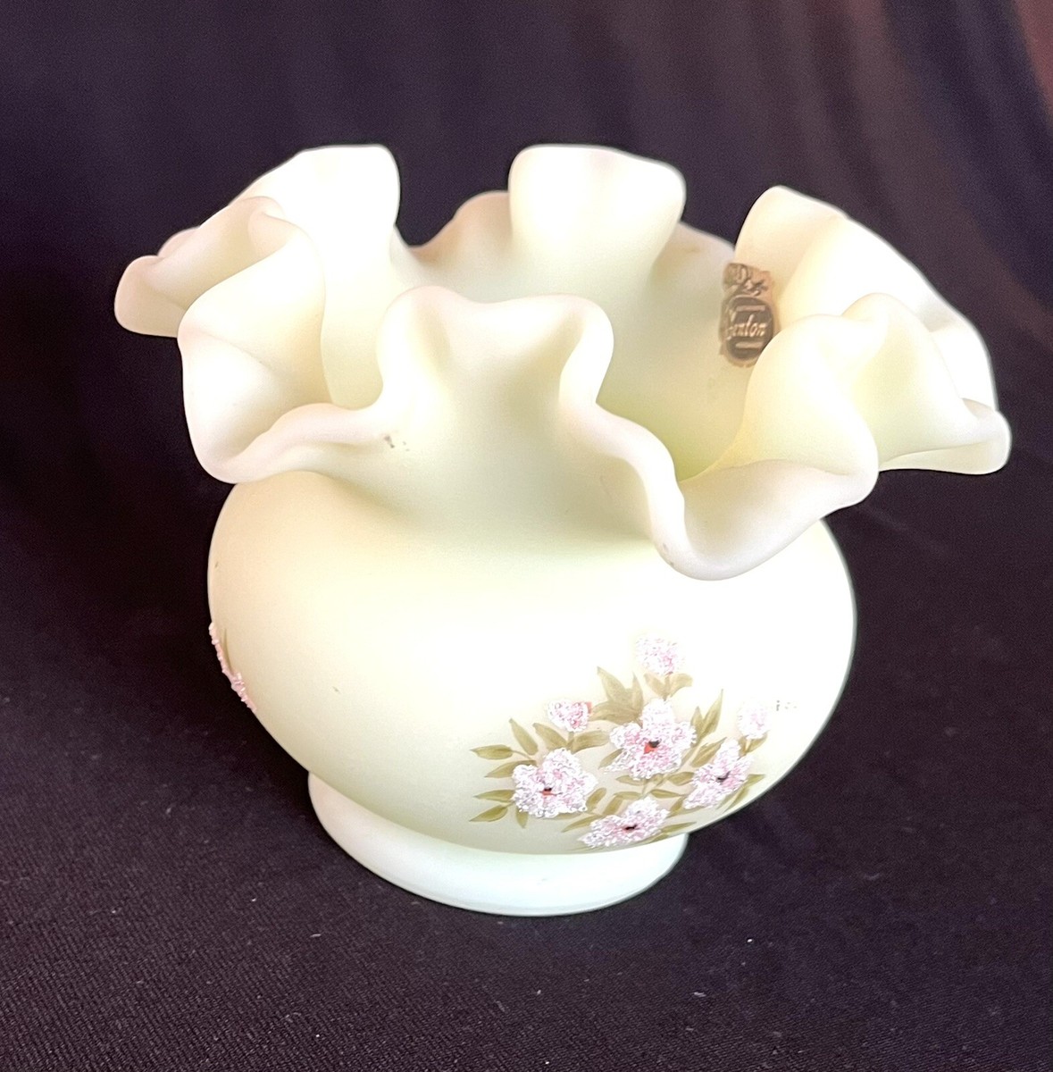 FENTON Custard Satin Ruffled Uranium Vaseline Glass Hand Painted
