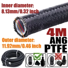 13FT AN6 6AN ID:0.32" Nylon Stainless Braided PTFE Fuel Line Oil Gas Hose E85