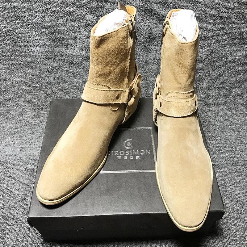 Botas al tobillo Chelsea de caña alta de cuero gamuza real con cremallera punta británica para hombre Foto 3 de 4