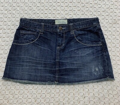Maurices Mini Skirt Women Size 7/8 (32x12) Mid Dark Wash Raw Hem Denim 5-  Pocket