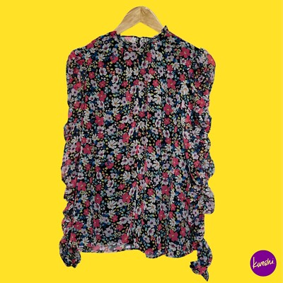 V BY VERY Women's Ruched Sleeve Shell Top, Floral, Pink Multi, UK 14 | EU 42