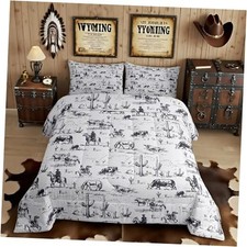 Western Comforter Set Size, White and Black Cowboy Cow Bedding King Blue Gray