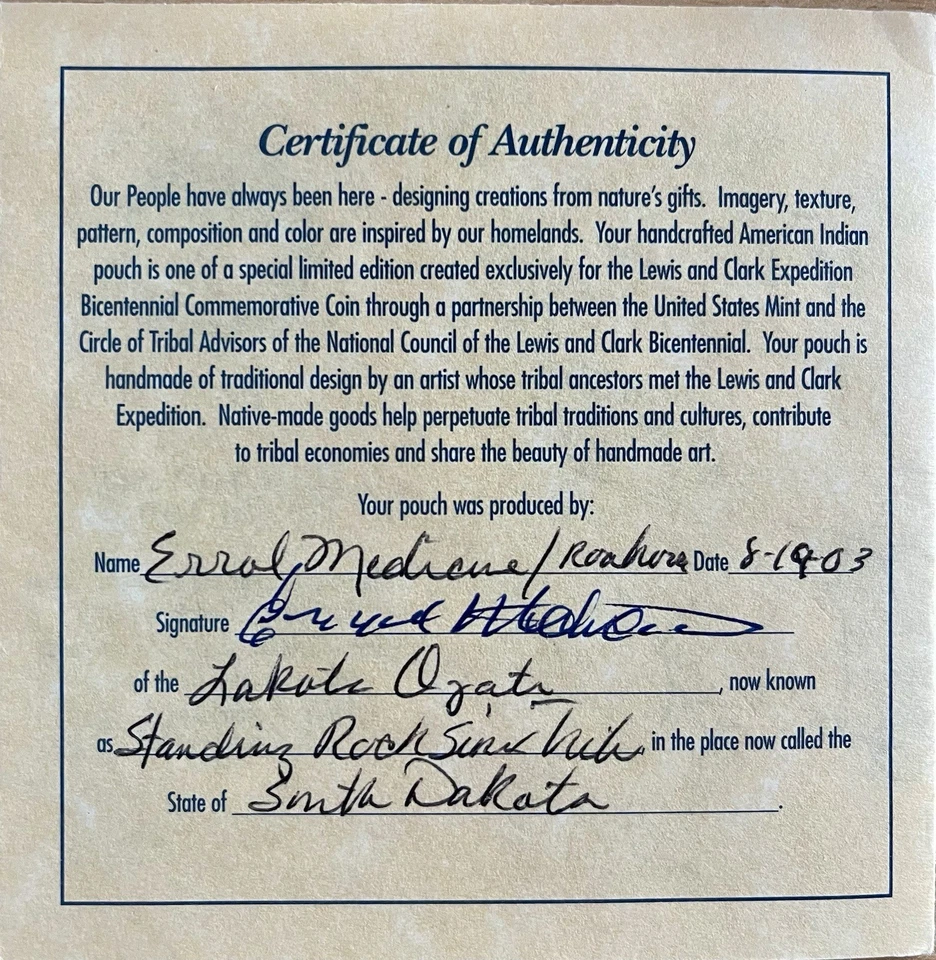 2004 US Mint Lewis & Clark Silver Coin & Pouch Set Lakota, Standing Rock Sioux - Image 4 of 4