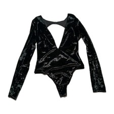 Victoria's Secret Black Bodysuit Crushed Velvet XS/S Thong Plunge Open Back NWT