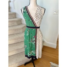Maeve Anthropologie Green White Floral Polka Dot Sleeveless Midi Faux Wrap Dress