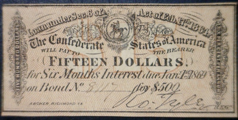 1864 CONFEDERATE Civil War Era $15 Interest Note CRISP XF + Frm a $500 Bond   NR