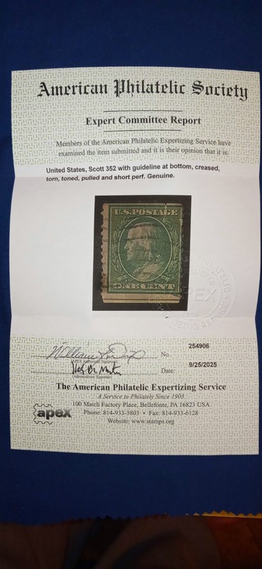 APS Certified, Scott #352 , 1909 Used Coil Stamp. 