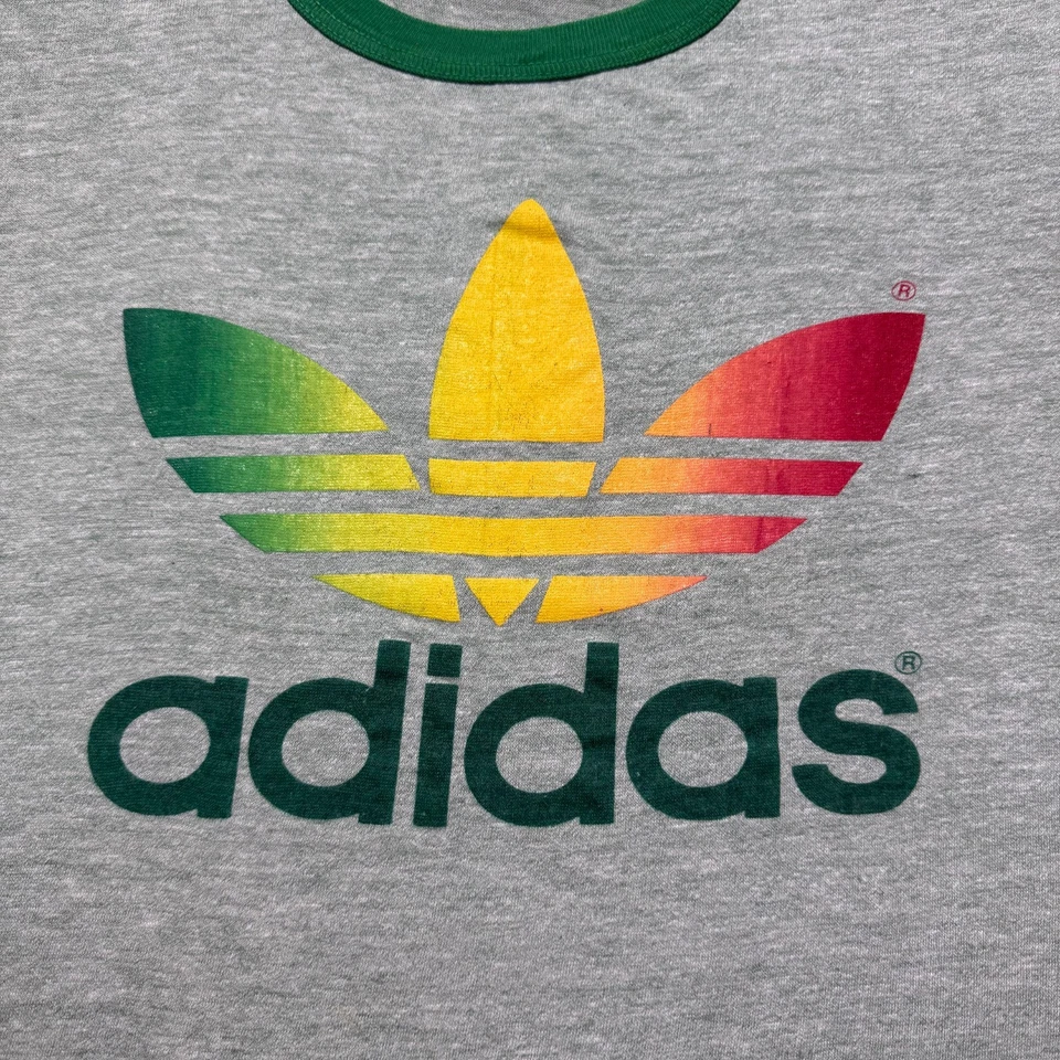 Vintage 80s Adidas Trefoil Rasta Big Logo Heather Ringer Shirt USA Made Size XS - Image 2 of 4