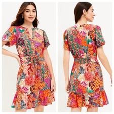 NWT LOFT Patchwork Bloom Smocked Tie Waist Dress - Size S