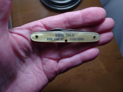 ANTIQUE ADVERTISING AUTOPOINT 2 BLADE POCKET KNIFE ''ESTE OILS'' CINCINNATI OHIO