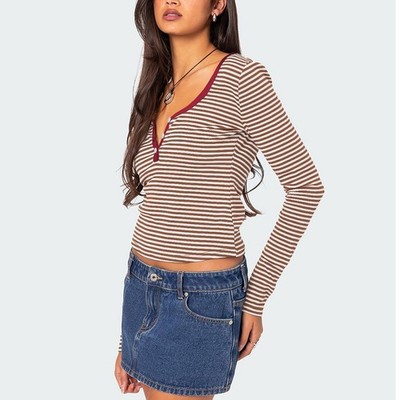 Damen Color Block Knopfleiste T-Shirt Streifenmuster Cropped Strick für freizeit