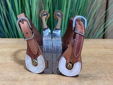 Wheat Print Stainless Steel Western Spurs w Light Oil  Rawhide Trim Straps