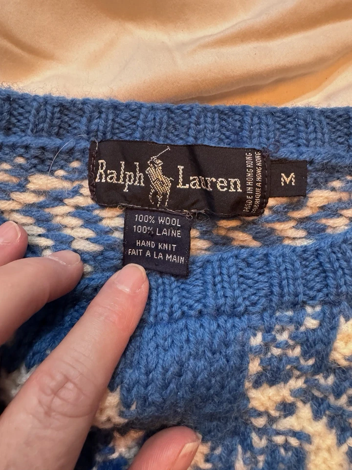 Ralph Lauren Women’s M Hand Knit Pullover Nordic Sweater Snowflake Wool Blue - Image 2 of 4