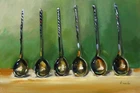 vintage GOLD  SPOON  Oil Painting COLLECTIBLE ART impressionism 8X12