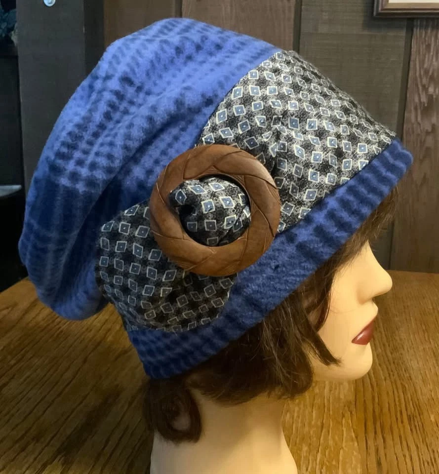 Women’s S/M Blue Plaid Fleece Boho Slouchy Hat By CreativeUpCycleHats