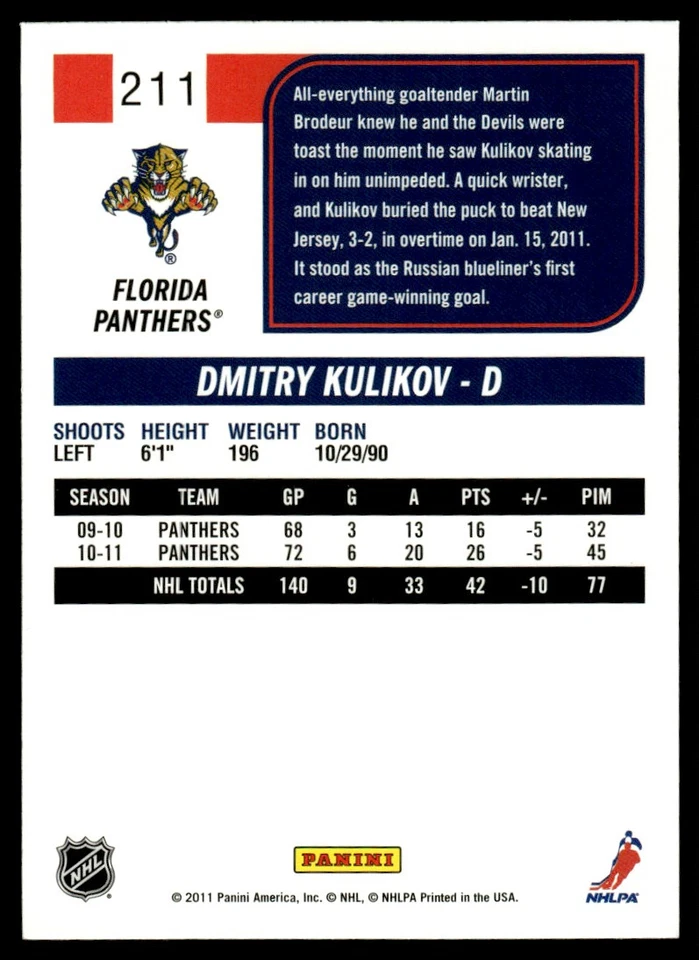 2011-12 Score Gold Rush Dmitry Kulikov Florida Panthers #211 - Image 2 of 2